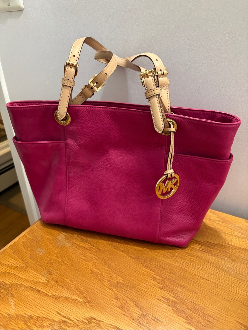 Michael Kors Hot Pink Leather Tote with Natural Trim